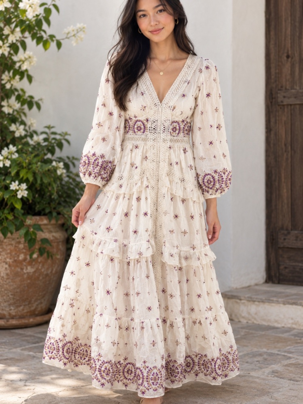 Embroidered White Maxi Dress with Purple and Gold Accents